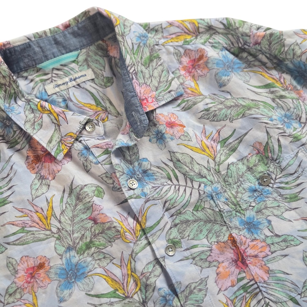 Tommy Bahama Mens XL Linen Blend Tropical Floral Hibiscus Button Down Shirt Blue